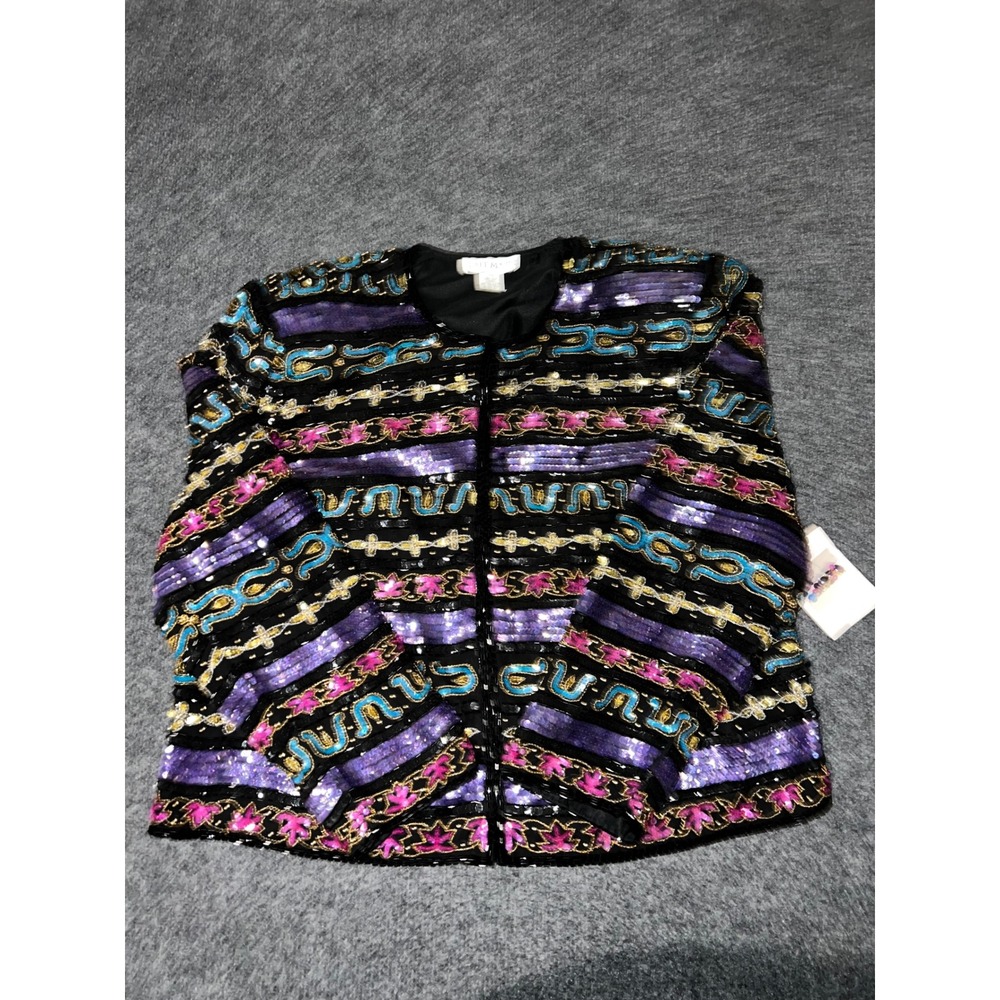 Tait Mate Vintage 80s Sequin Beaded Silk Jacket 18W Multicolor Black Mint